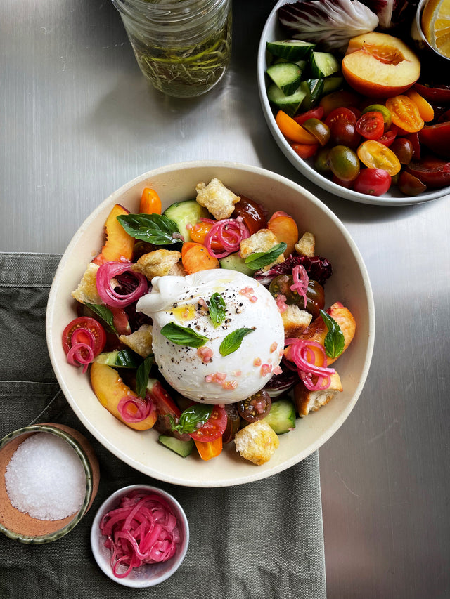 how to make a peach and burrata panzanella salad