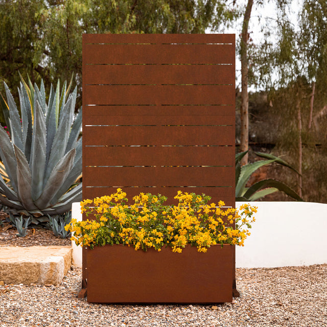 corten long box planter with privacy screen set