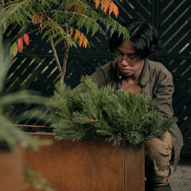 Man sitting behind a Corten Steel planter with plants in an urban setting